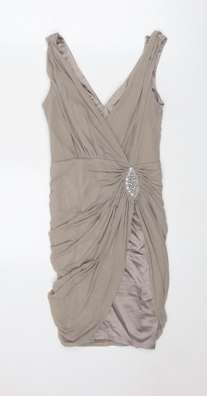 Lipsy Womens Beige Polyamide Slip Dress Size 8 V-Neck Zip