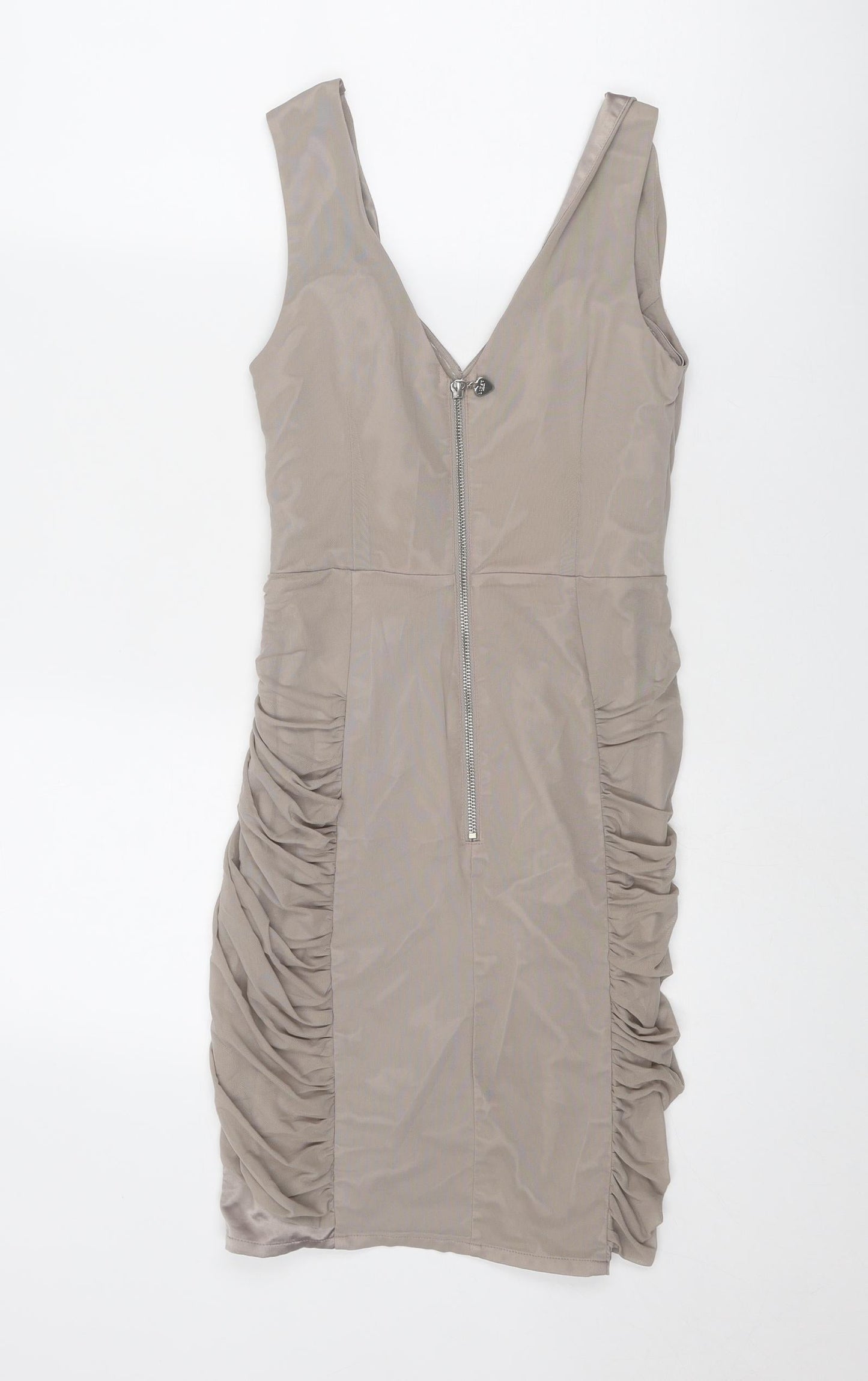 Lipsy Womens Beige Polyamide Slip Dress Size 8 V-Neck Zip