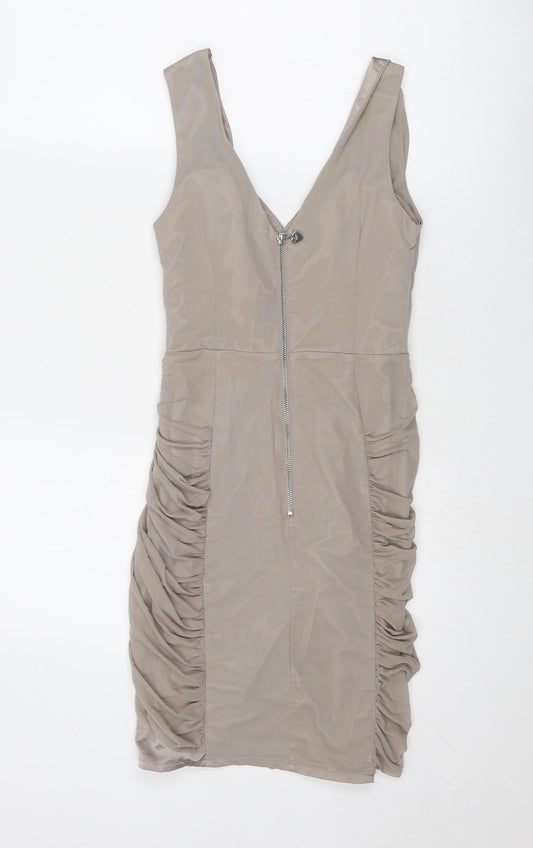 Lipsy Womens Beige Polyamide Slip Dress Size 8 V-Neck Zip