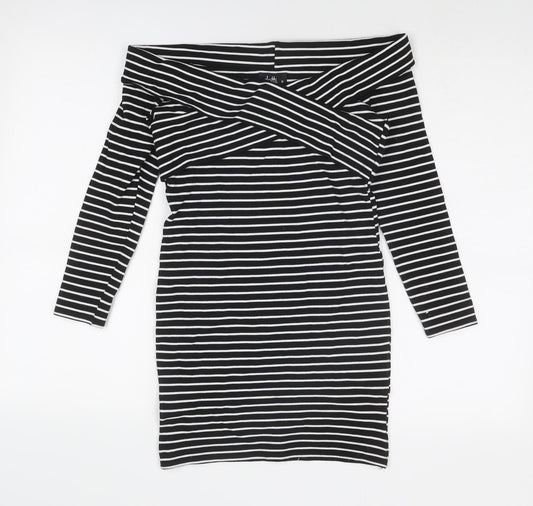 Dotti Womens Black Striped Viscose Bodycon Size 10 Off the Shoulder Pullover