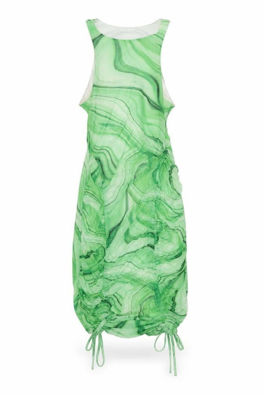 Front view of I SAW IT FIRST women’s green geometric polyester bodycon, size UK 4, round neck pullover