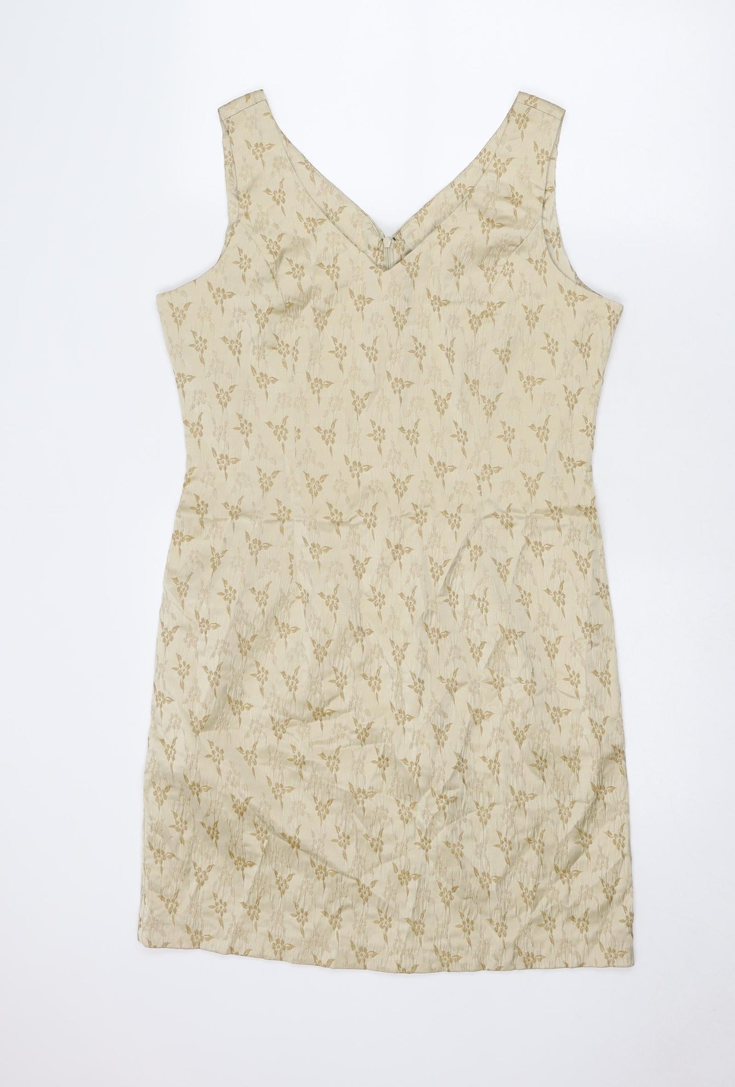 BHS Womens Beige Floral Polyester A-Line Size 16 V-Neck Zip