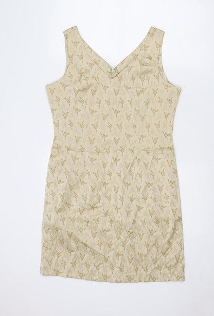 BHS Womens Beige Floral Polyester A-Line Size 16 V-Neck Zip