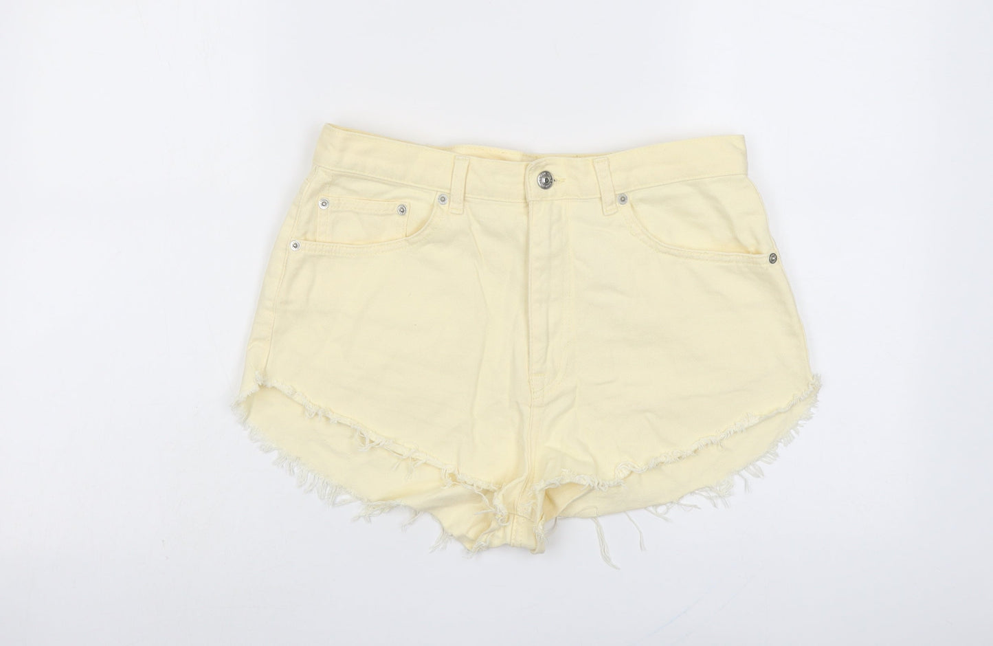 Pull&Bear Womens Yellow Cotton Hot Pants Shorts Size 12 L3 in Regular Button - Frayed Hem