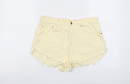 Pull&Bear Womens Yellow Cotton Hot Pants Shorts Size 12 L3 in Regular Button - Frayed Hem