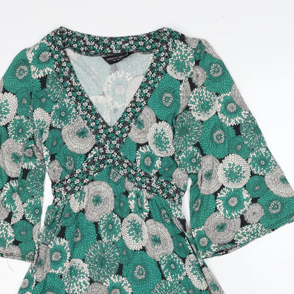 Dorothy Perkins Womens Green Geometric Viscose Trapeze & Swing Size 8 V-Neck Pullover