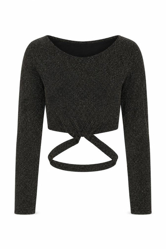 Front view of Missguided women’s gold round neck geometric polyester jumper, size UK 8