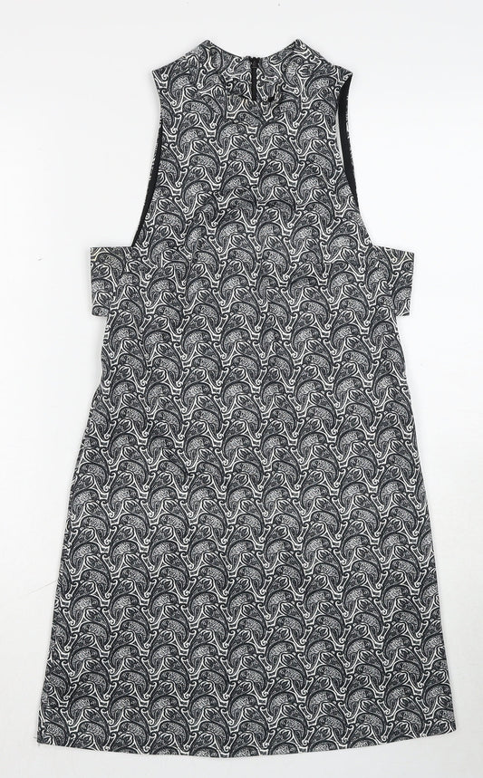 Topshop Womens Black Geometric Polyester A-Line Size 8 Round Neck Zip