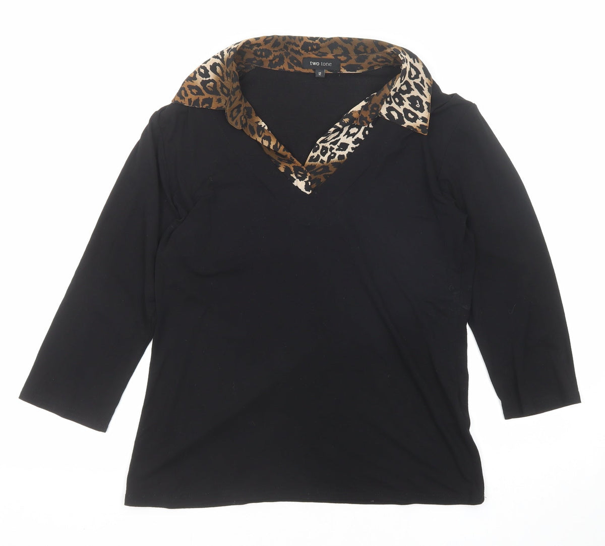 Two Tone Womens Black Viscose Basic Blouse Size 12 Collared - Leopard Print Detail