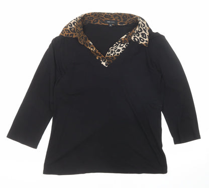 Two Tone Womens Black Viscose Basic Blouse Size 12 Collared - Leopard Print Detail