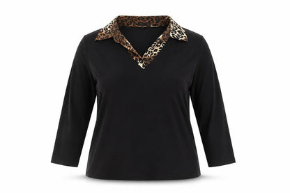 Two Tone Womens Black Viscose Basic Blouse Size 12 Collared - Leopard Print Detail