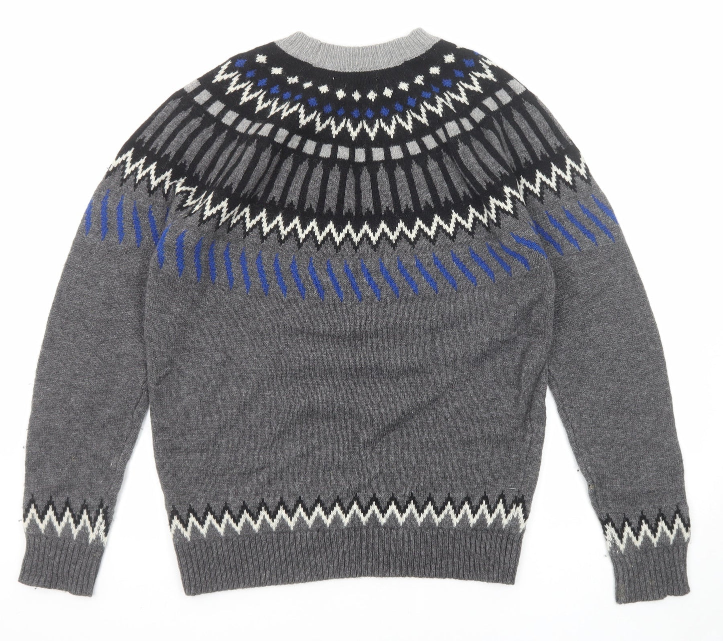 Mango Mens Grey Round Neck Fair Isle Wool Pullover Jumper Size S Long Sleeve