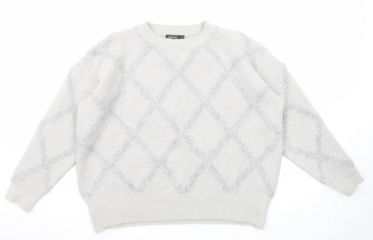 Boohoo Womens Grey Round Neck Geometric Acrylic Pullover Jumper Size L