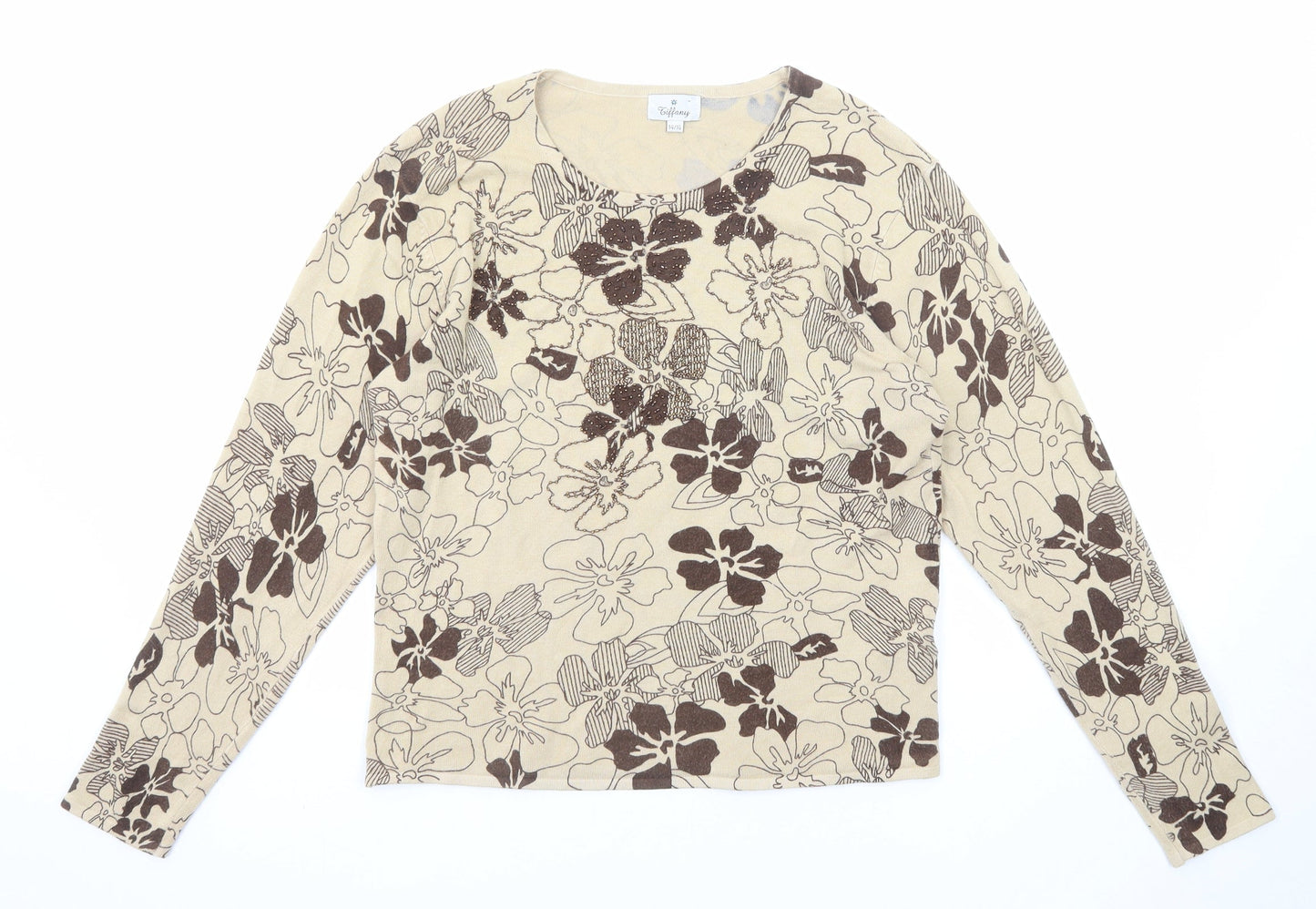 Tiffany Womens Beige Round Neck Floral Viscose Pullover Jumper Size 14 - Size 14-16