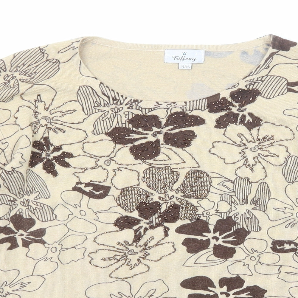 Tiffany Womens Beige Round Neck Floral Viscose Pullover Jumper Size 14 - Size 14-16