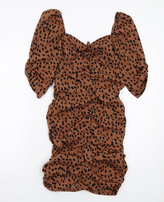 I SAW IT FIRST Womens Brown Geometric Polyester Bodycon Size 10 V-Neck Zip