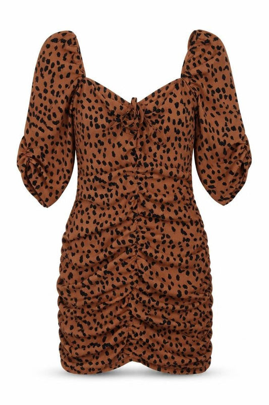 Front view of I SAW IT FIRST women’s brown geometric polyester bodycon, size UK 10, v-neck zip