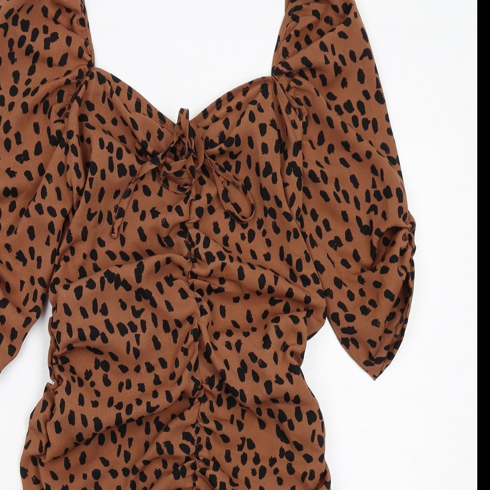 I SAW IT FIRST Womens Brown Geometric Polyester Bodycon Size 10 V-Neck Zip