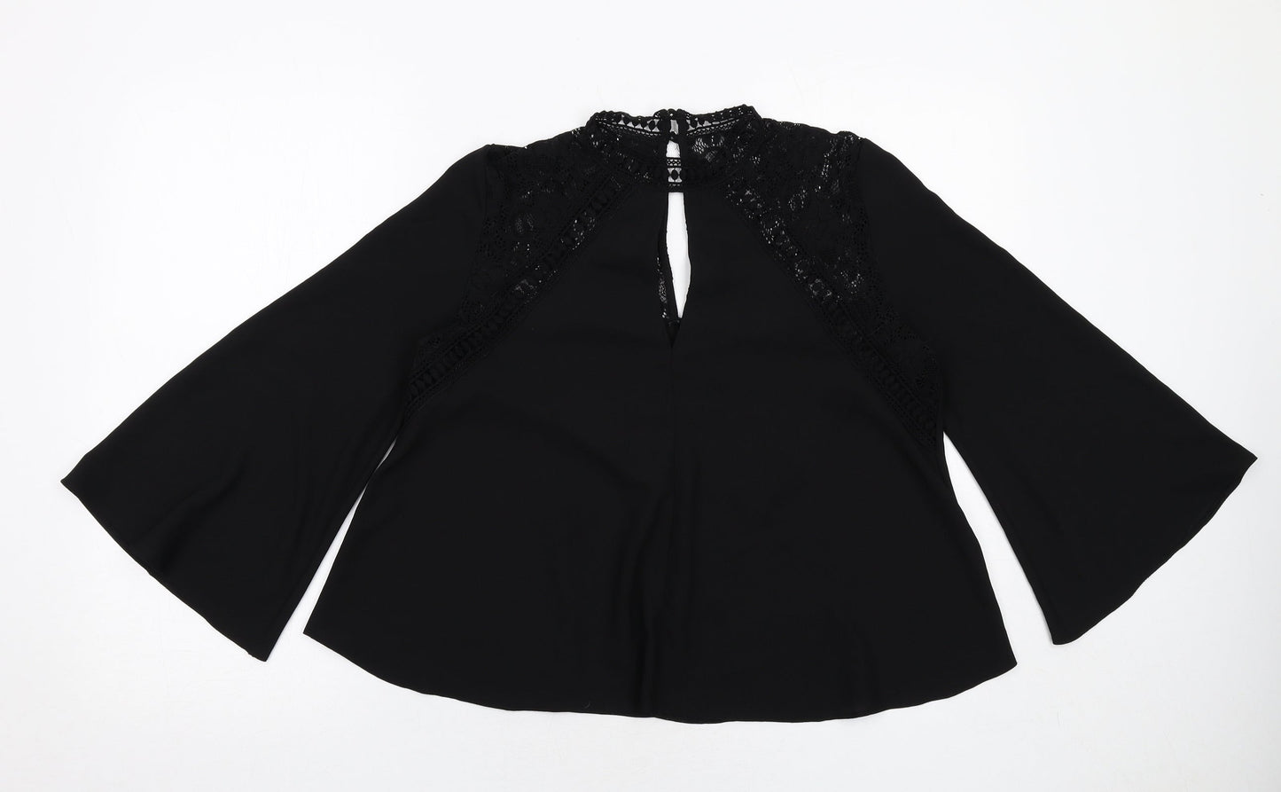 Miss Selfridge Womens Black Polyester Basic Blouse Size 10 V-Neck - Flute Sleeve Lace Detail