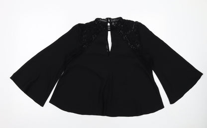 Miss Selfridge Womens Black Polyester Basic Blouse Size 10 V-Neck - Flute Sleeve Lace Detail