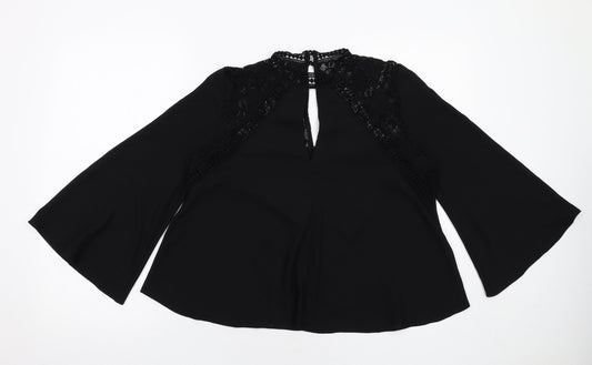 Miss Selfridge Womens Black Polyester Basic Blouse Size 10 V-Neck - Flute Sleeve Lace Detail