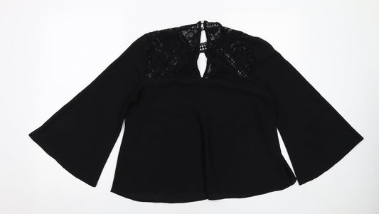 Miss Selfridge Womens Black Polyester Basic Blouse Size 10 V-Neck - Flute Sleeve Lace Detail