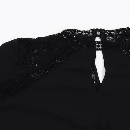 Miss Selfridge Womens Black Polyester Basic Blouse Size 10 V-Neck - Flute Sleeve Lace Detail