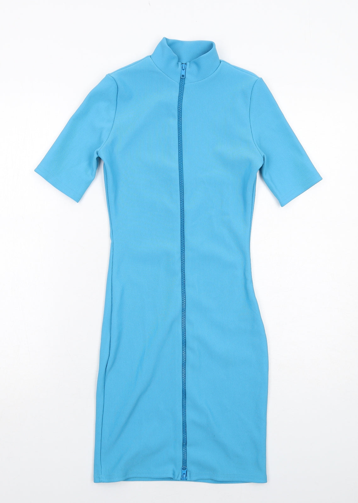 PRETTYLITTLETHING Womens Blue Polyester Bodycon Size 4 Round Neck Zip