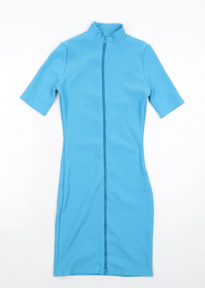 PRETTYLITTLETHING Womens Blue Polyester Bodycon Size 4 Round Neck Zip