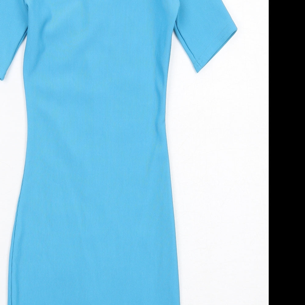 PRETTYLITTLETHING Womens Blue Polyester Bodycon Size 4 Round Neck Zip