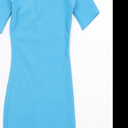 PRETTYLITTLETHING Womens Blue Polyester Bodycon Size 4 Round Neck Zip