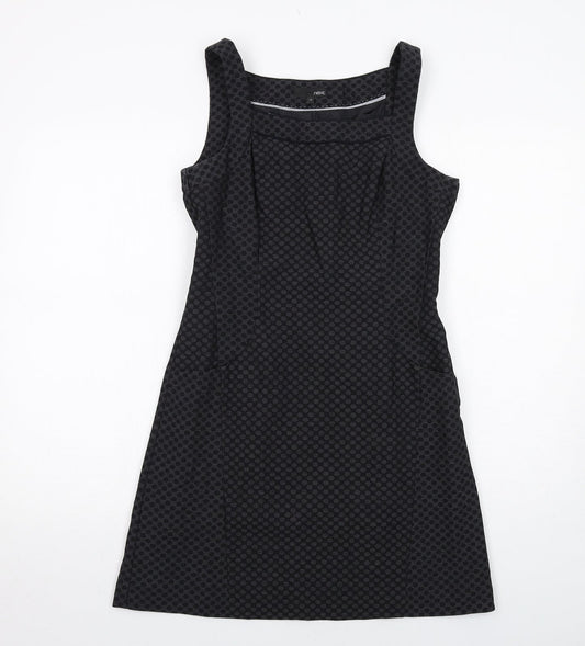 NEXT Womens Black Geometric Polyester Shift Size 10 Round Neck Zip