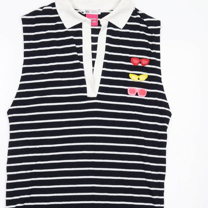 Zara Womens Blue Striped Cotton A-Line Size S Collared Pullover