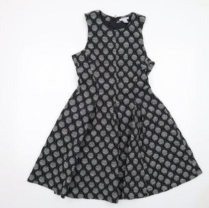 H&M Womens Black Geometric Cotton Trapeze & Swing Size 10 Round Neck Zip