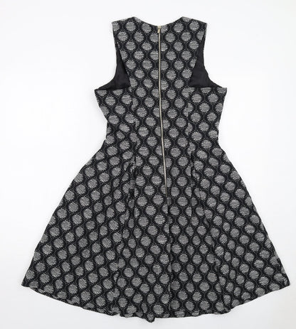 H&M Womens Black Geometric Cotton Trapeze & Swing Size 10 Round Neck Zip