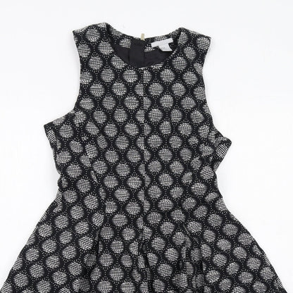 H&M Womens Black Geometric Cotton Trapeze & Swing Size 10 Round Neck Zip