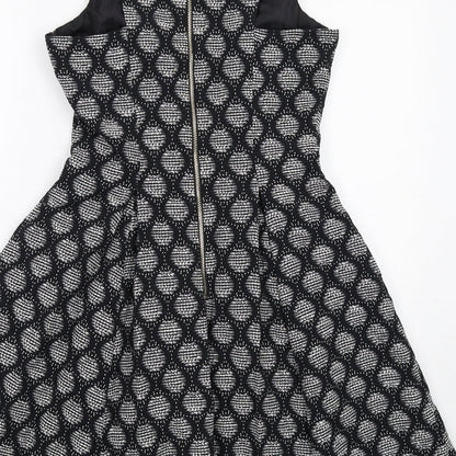 H&M Womens Black Geometric Cotton Trapeze & Swing Size 10 Round Neck Zip