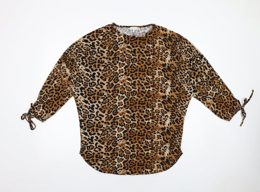 Blue Vanilla Womens Brown Animal Print Polyester Basic Blouse Size S Round Neck - Leopard Print