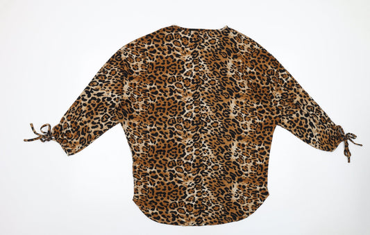 Blue Vanilla Womens Brown Animal Print Polyester Basic Blouse Size S Round Neck - Leopard Print