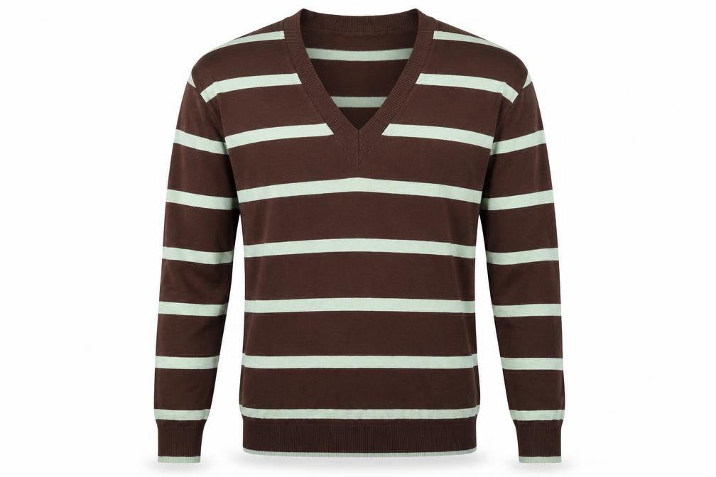 B Young Mens Brown V-Neck Striped Polyester Pullover Jumper Size M Long Sleeve