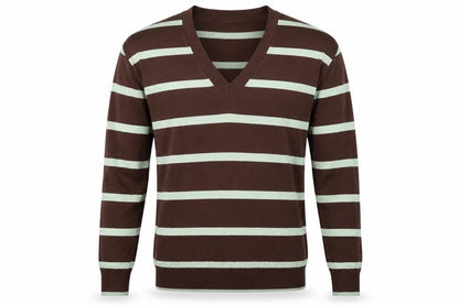 B Young Mens Brown V-Neck Striped Polyester Pullover Jumper Size M Long Sleeve