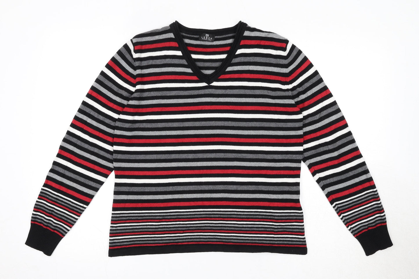 Barbra Lebek Womens Black V-Neck Striped Acrylic Pullover Jumper Size 14