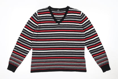 Barbra Lebek Womens Black V-Neck Striped Acrylic Pullover Jumper Size 14