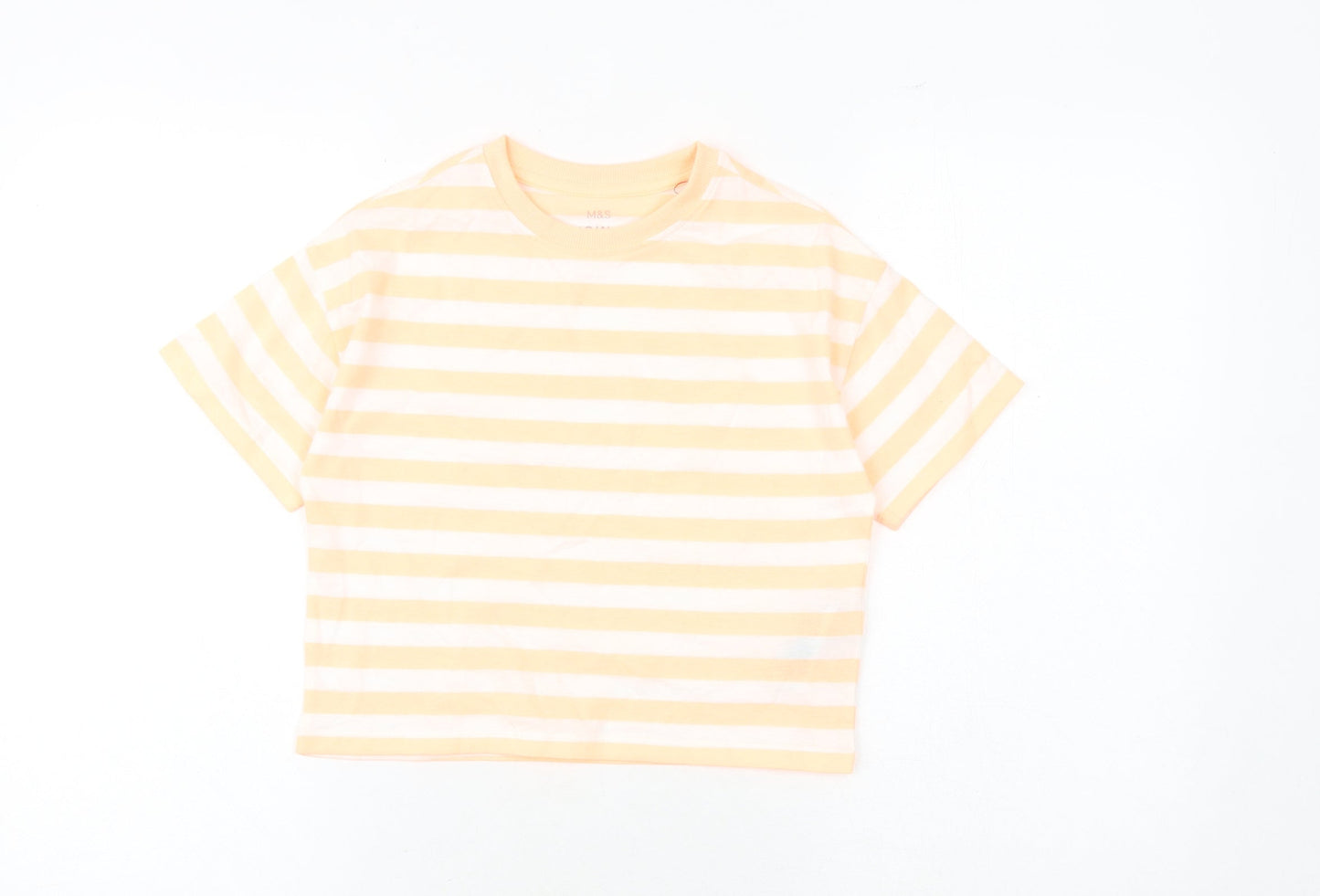 Marks and Spencer Girls Orange Striped Cotton Basic T-Shirt Size 7-8 Years Round Neck Pullover