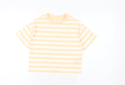 Marks and Spencer Girls Orange Striped Cotton Basic T-Shirt Size 7-8 Years Round Neck Pullover
