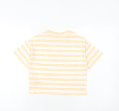 Marks and Spencer Girls Orange Striped Cotton Basic T-Shirt Size 7-8 Years Round Neck Pullover