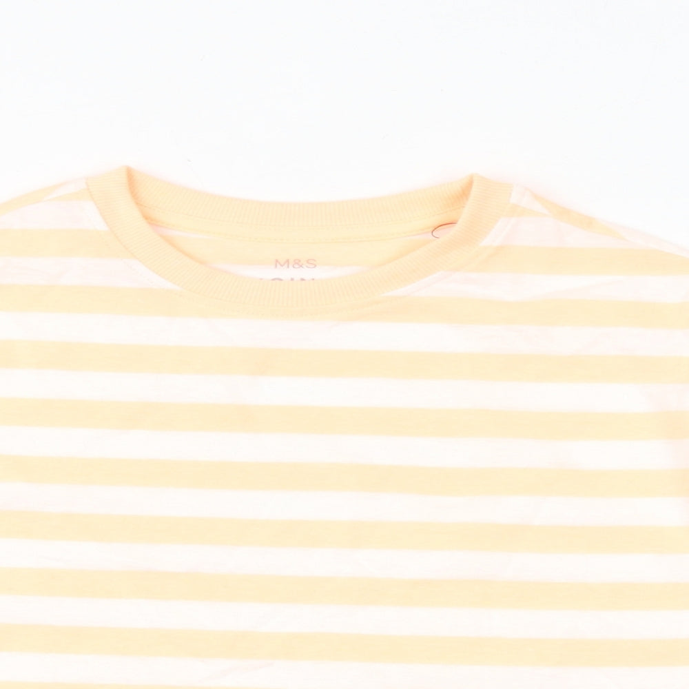 Marks and Spencer Girls Orange Striped Cotton Basic T-Shirt Size 7-8 Years Round Neck Pullover