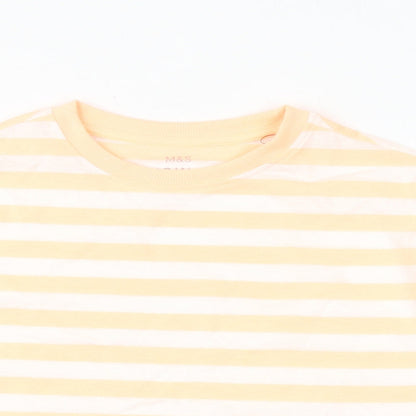 Marks and Spencer Girls Orange Striped Cotton Basic T-Shirt Size 7-8 Years Round Neck Pullover