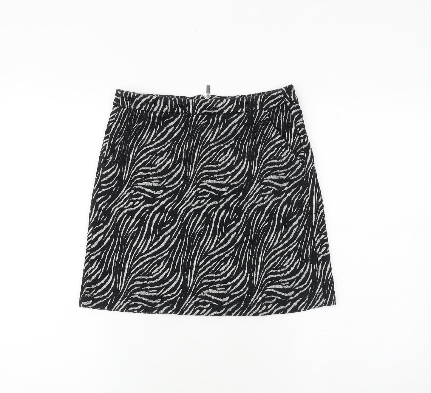 NEXT Womens Black Animal Print Cotton A-Line Skirt Size 6 Zip - Zebra Pattern