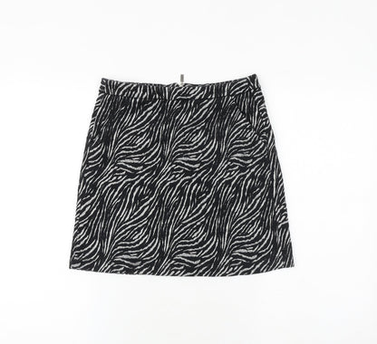 NEXT Womens Black Animal Print Cotton A-Line Skirt Size 6 Zip - Zebra Pattern